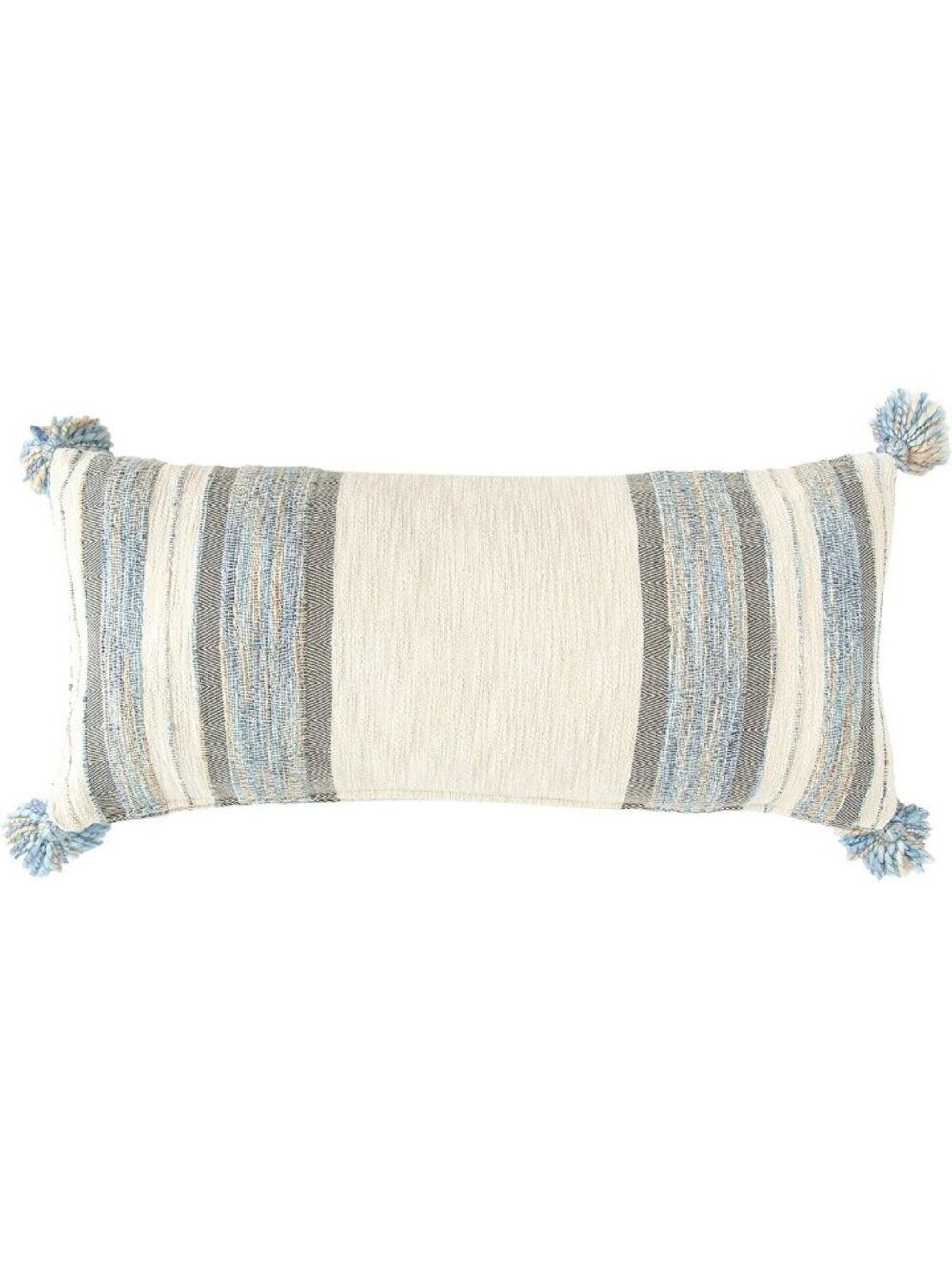 Striped Cotton Blend Lumbar Pillow in Blue, Grey & Cream with Stylish Tassels
